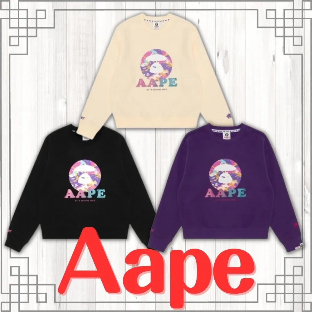 A BATHING APE  |Crew Neck Blended Fabrics Street Style Long Sleeves Cotton