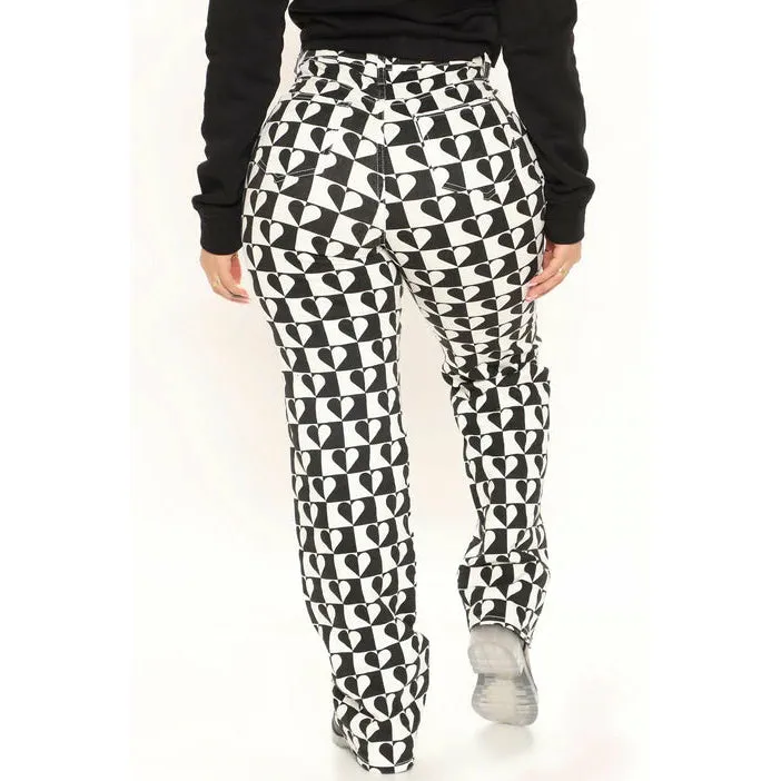 Black and white heart print straight leg jean