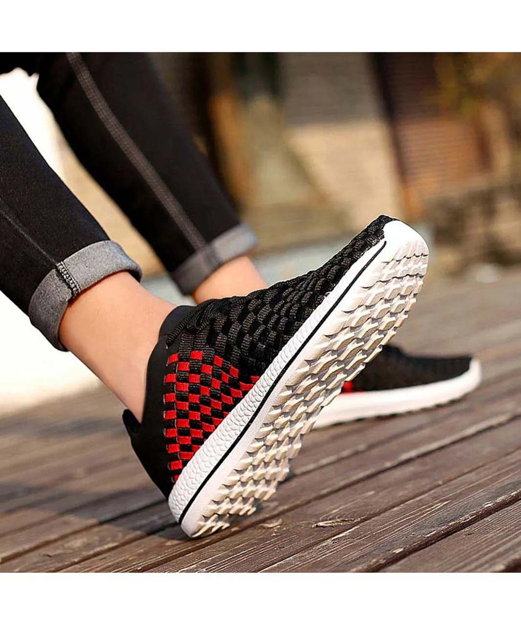 Black red weave check style shoe sneaker