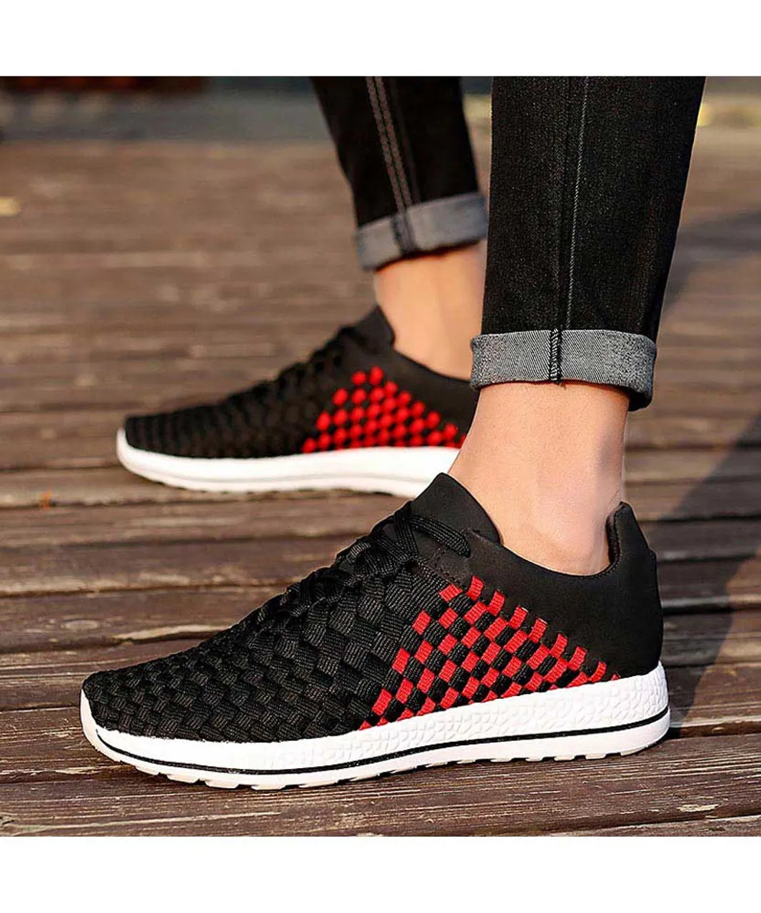 Black red weave check style shoe sneaker