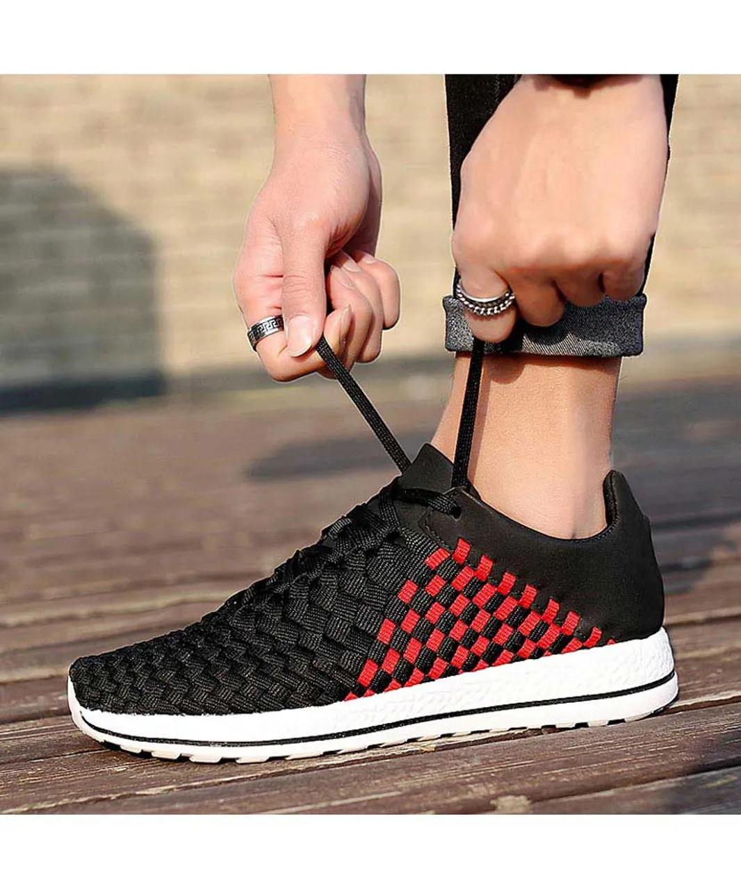 Black red weave check style shoe sneaker