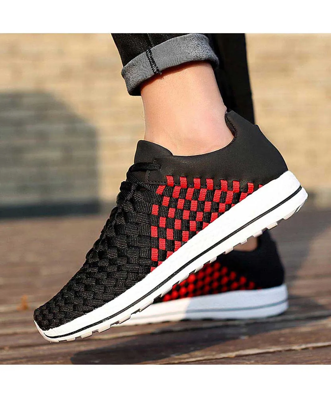 Black red weave check style shoe sneaker