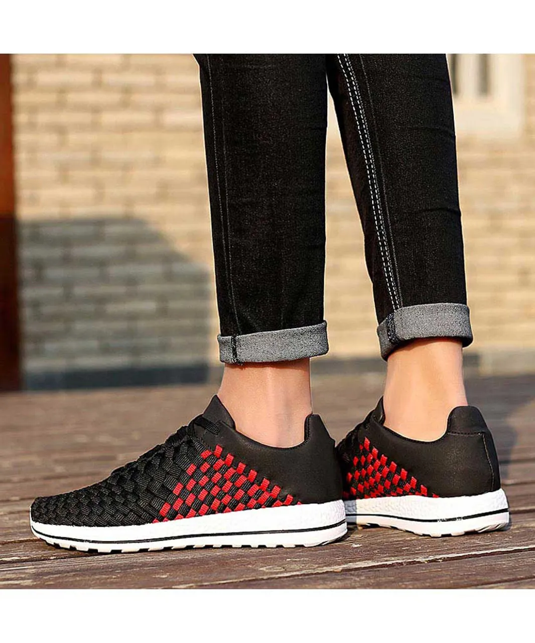 Black red weave check style shoe sneaker