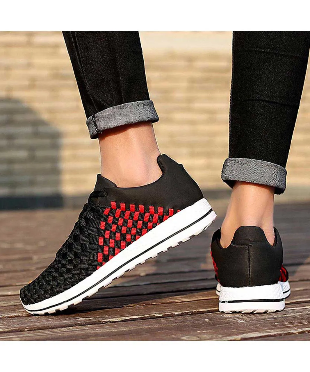 Black red weave check style shoe sneaker