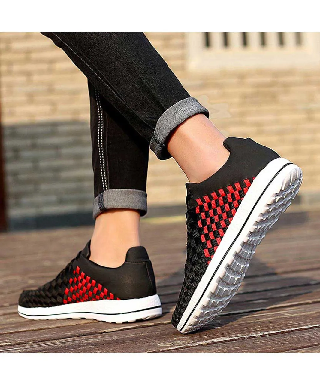 Black red weave check style shoe sneaker