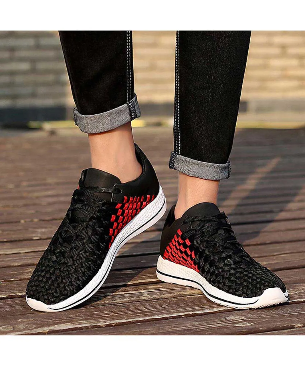 Black red weave check style shoe sneaker