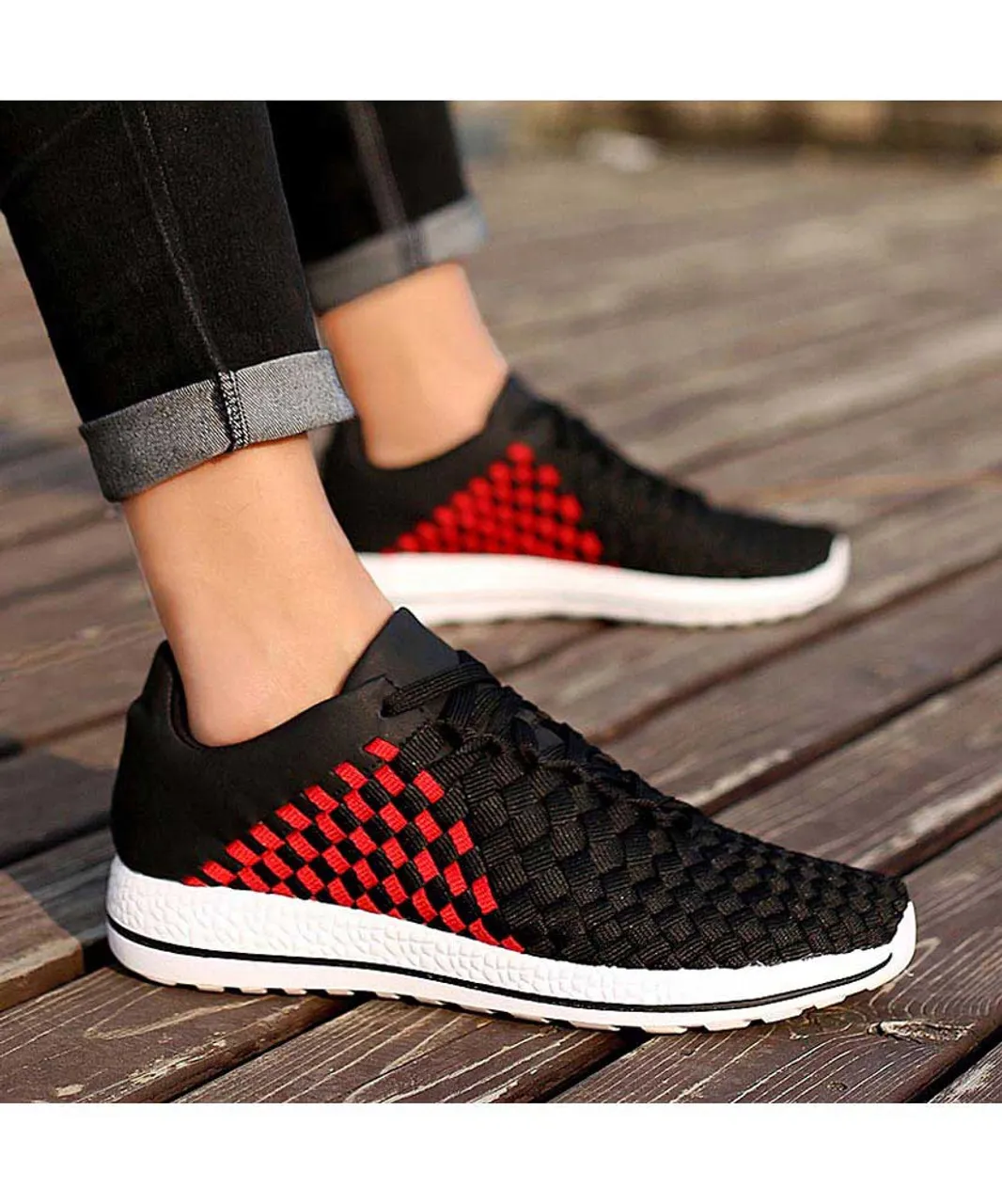 Black red weave check style shoe sneaker