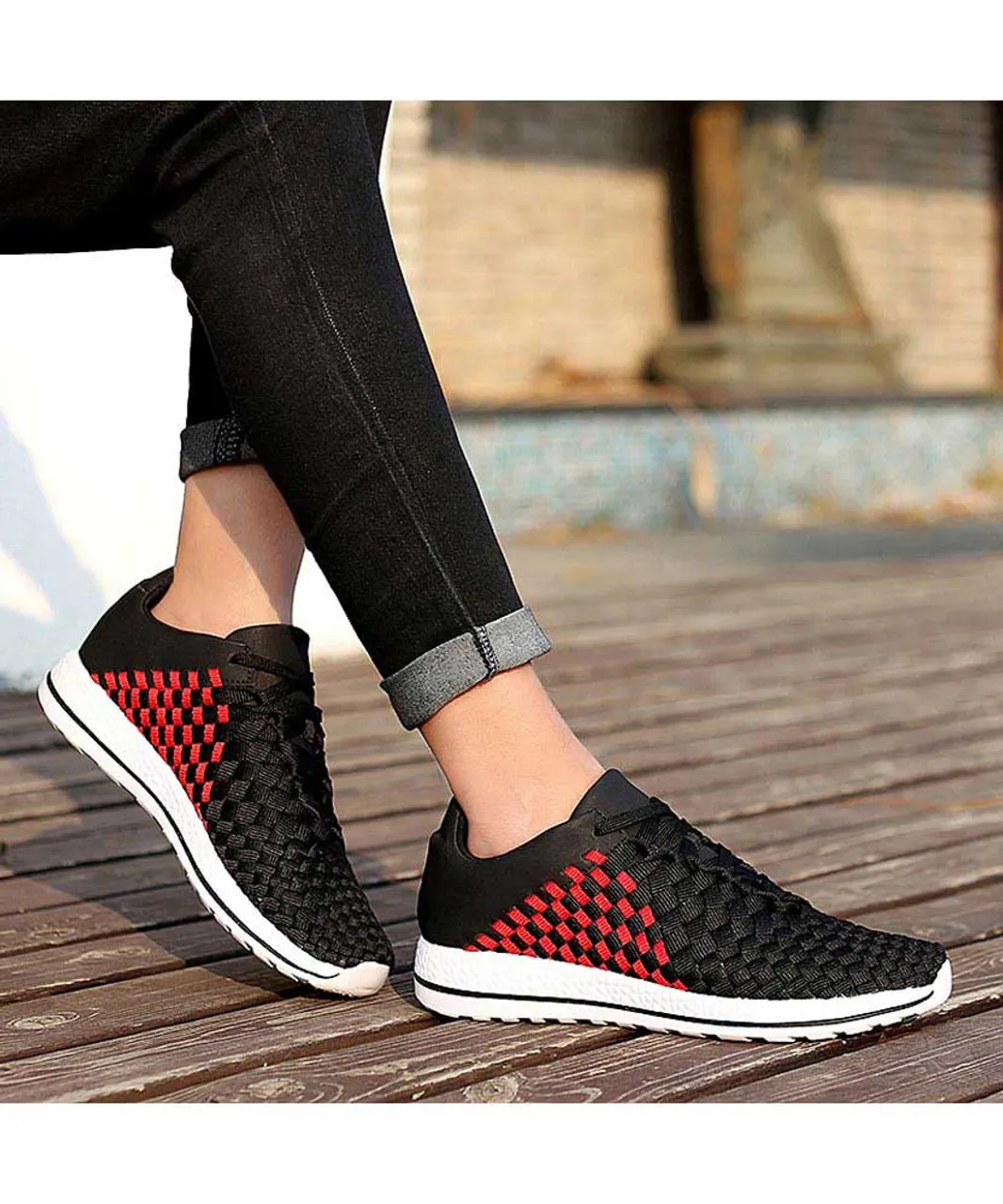 Black red weave check style shoe sneaker