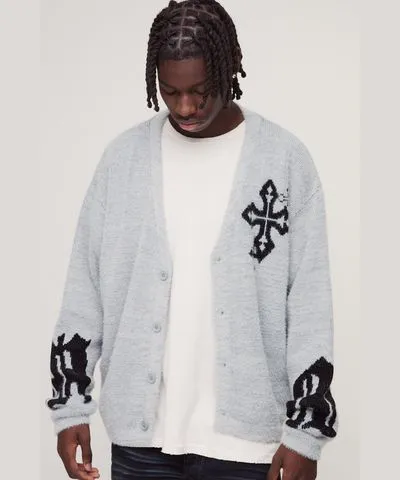 boohoo Mens Boxy Fluffy Crosses Knitted Cardigan