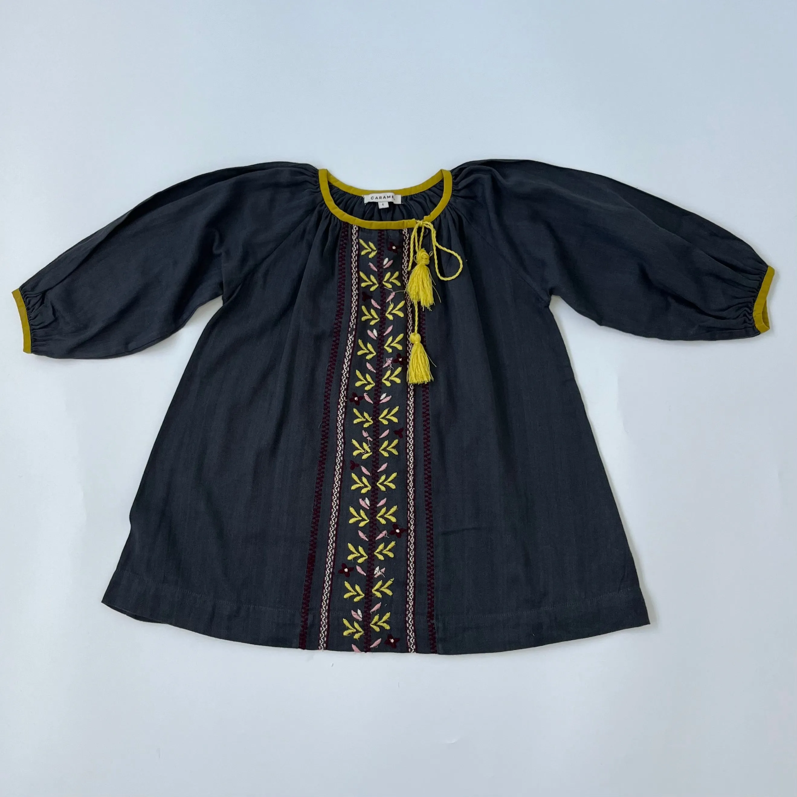 Caramel Dark Grey Brushed Cotton Folk Style Dress With Embroidery: 4 Years