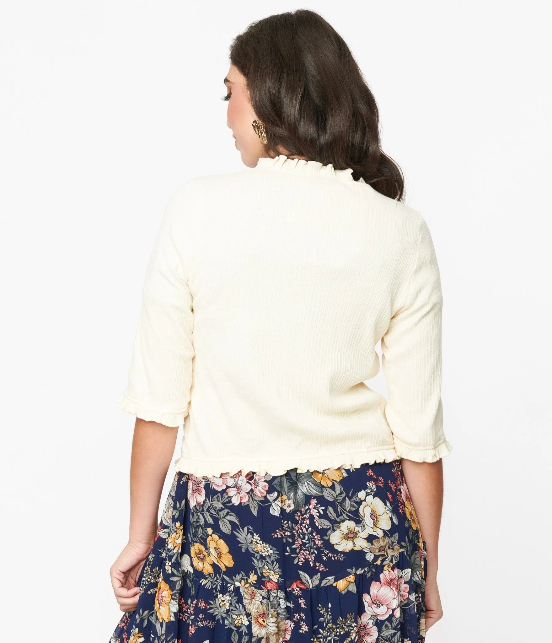 Cream Ribbed Knit Ruffle Trim Cardigan