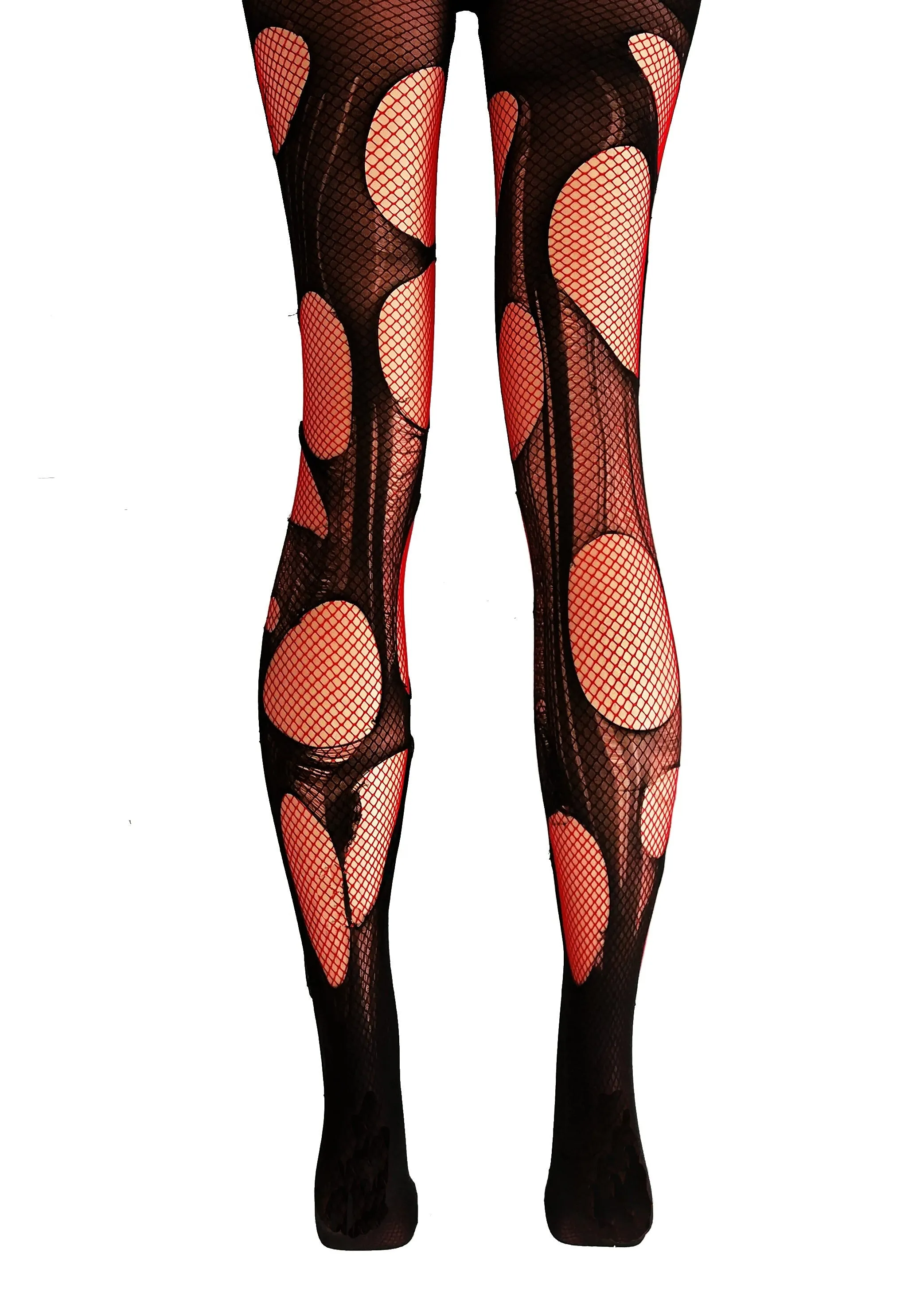 Double layered Black | Red tattered & torn fishnet tights