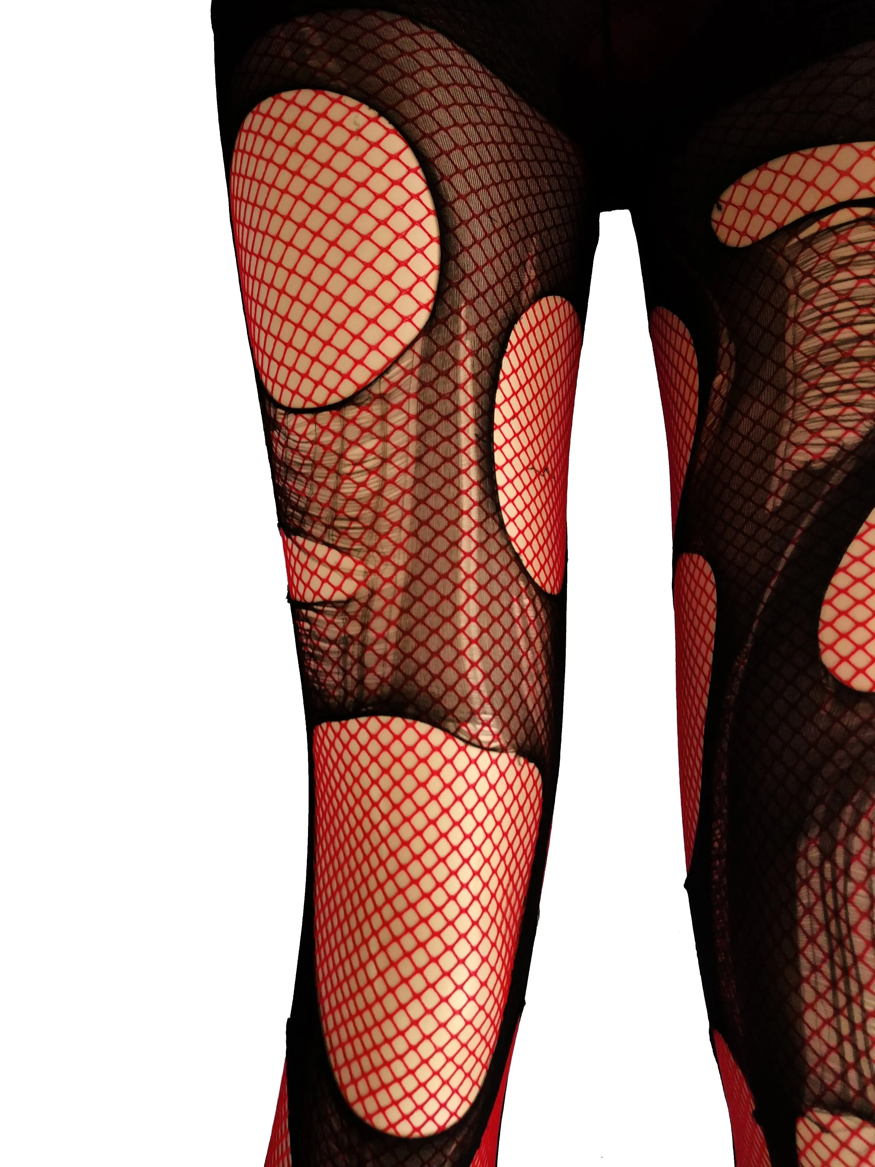 Double layered Black | Red tattered & torn fishnet tights