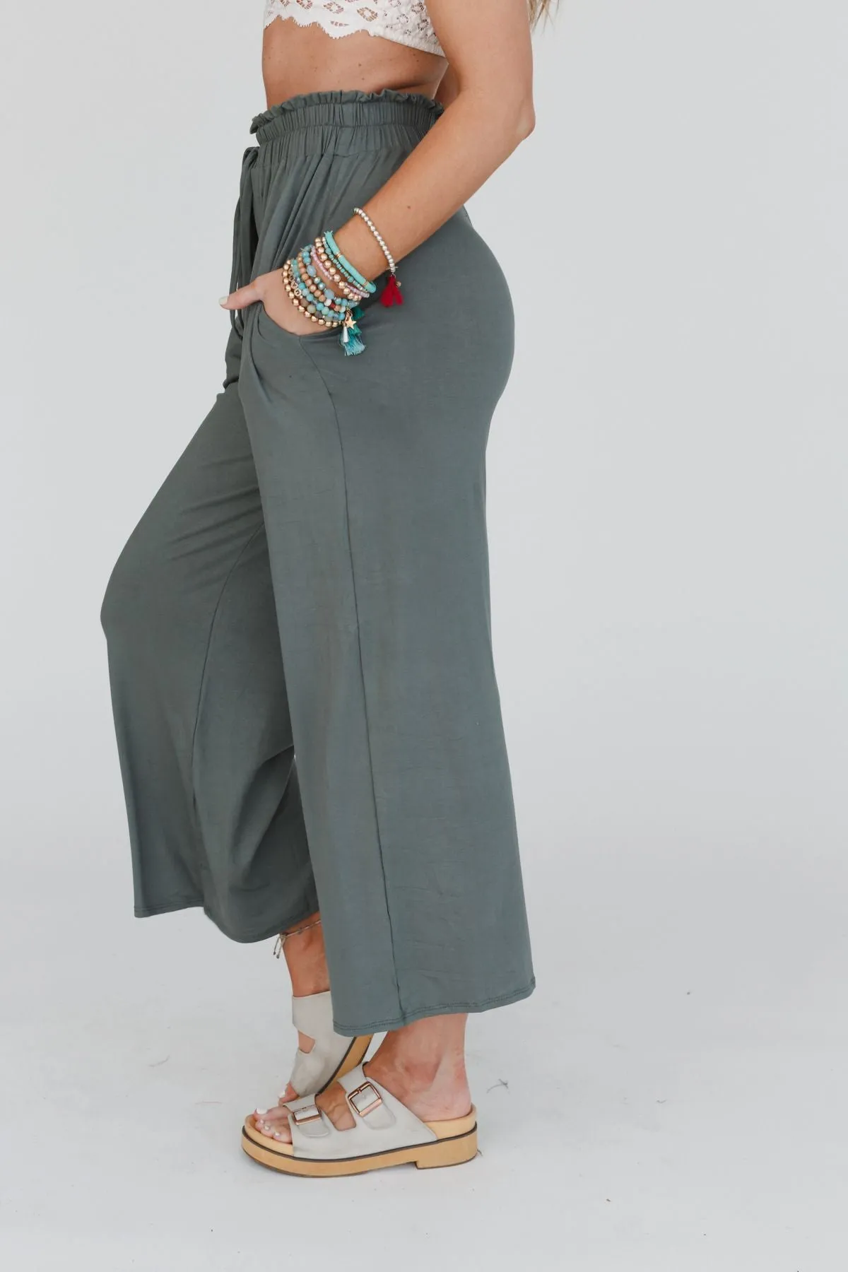 Forever Comfy Drawstring Wide Leg Pants - Light Olive