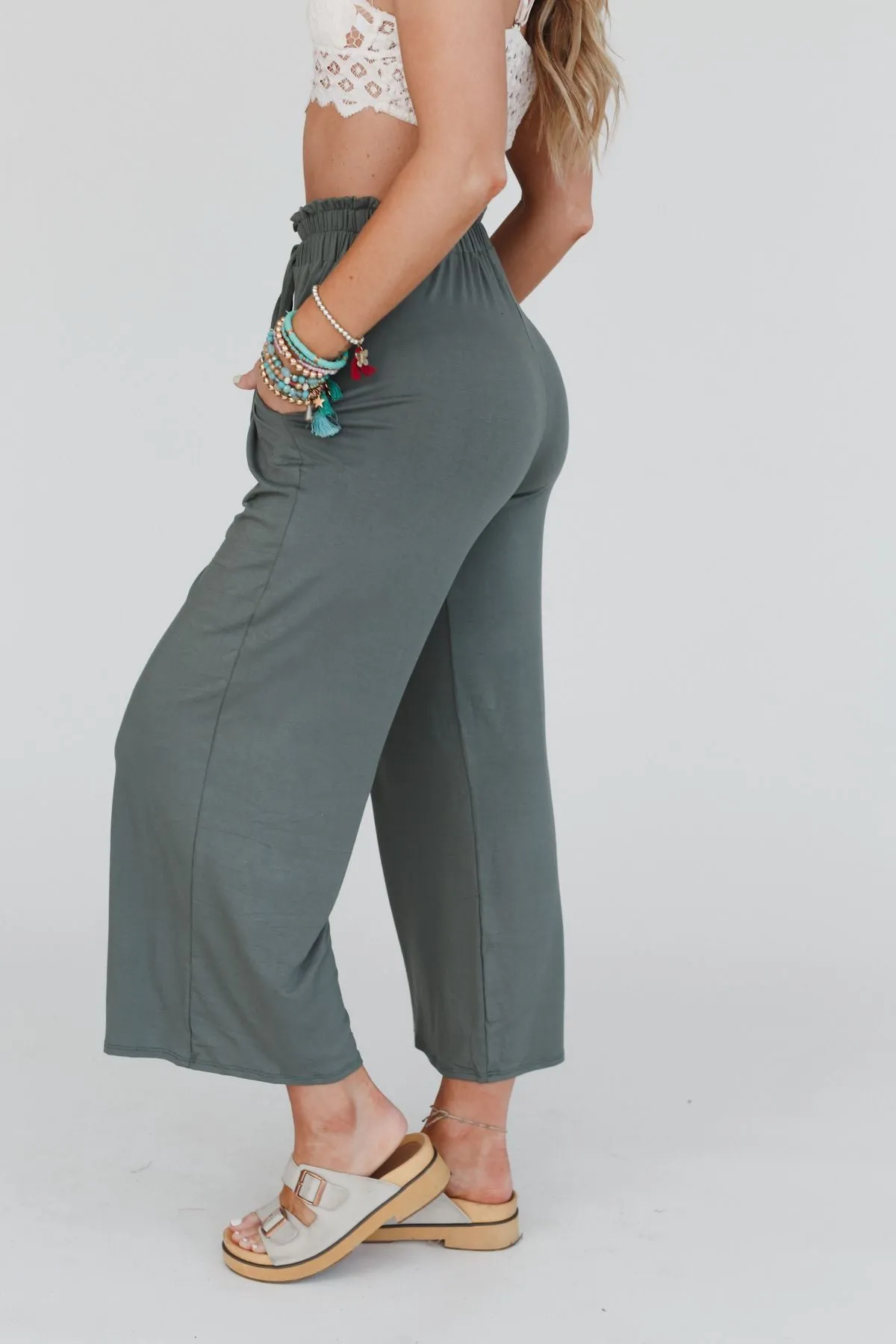 Forever Comfy Drawstring Wide Leg Pants - Light Olive