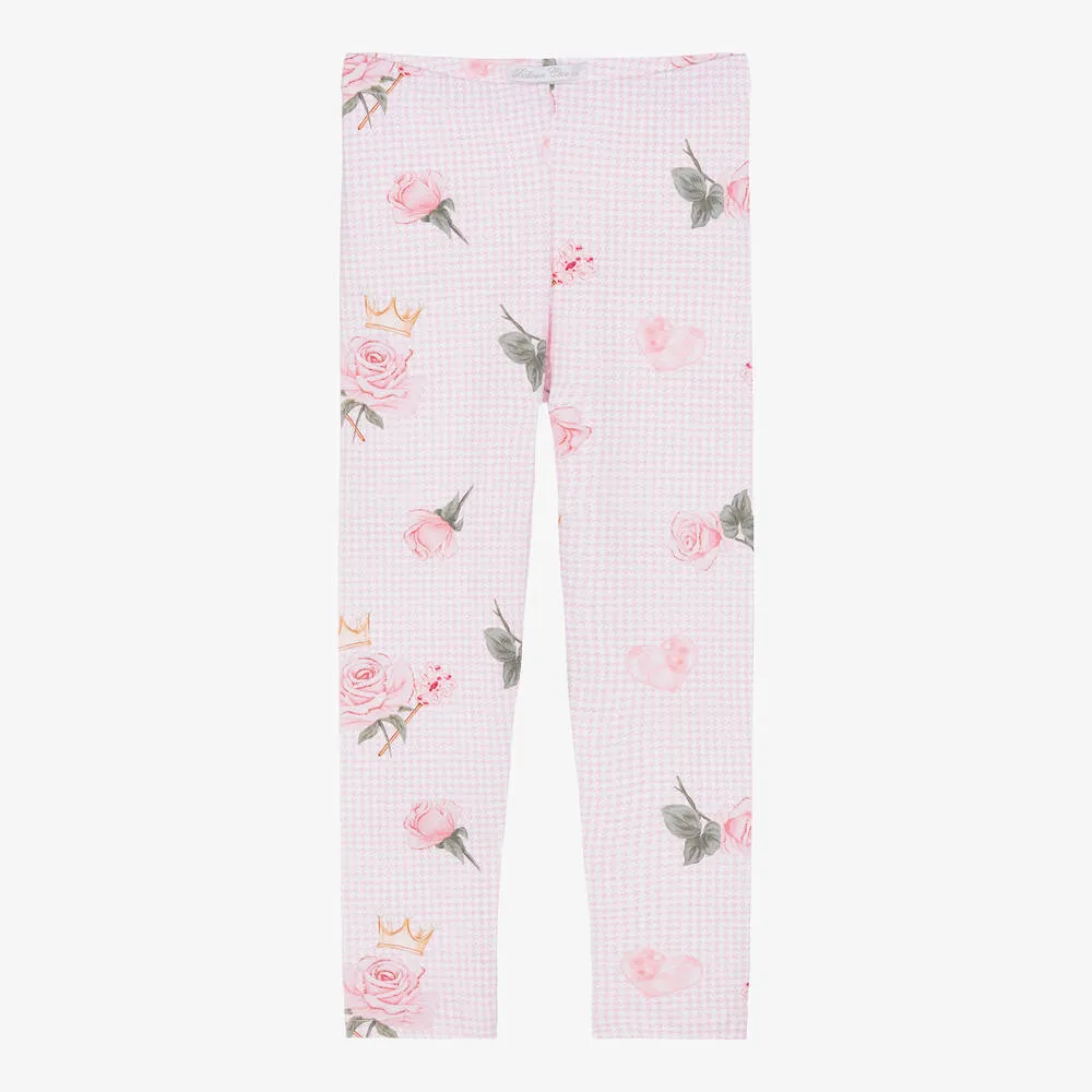 Girls Pink Cotton Rose Print Leggings