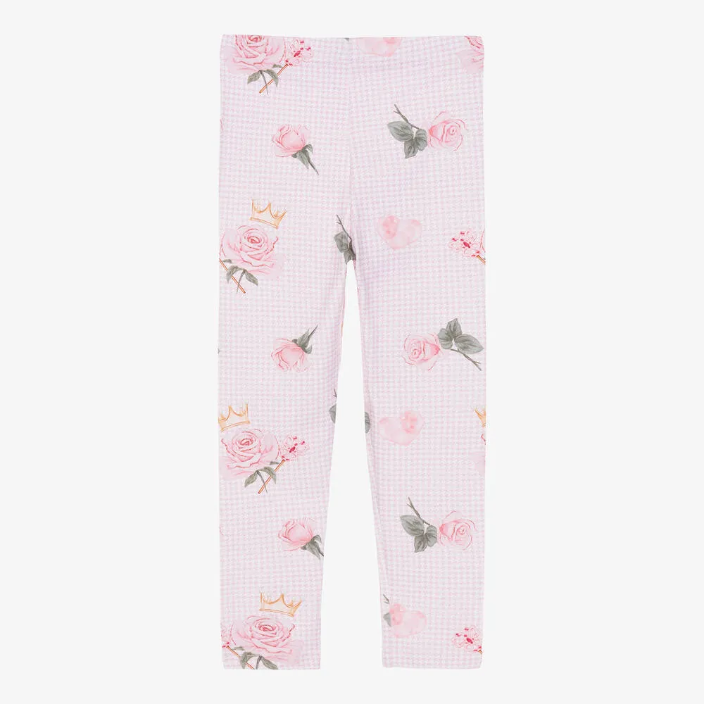 Girls Pink Cotton Rose Print Leggings