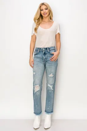 HIGH RISE DISTRESSED STRAIGHT WITH FRAY HEM JEANS