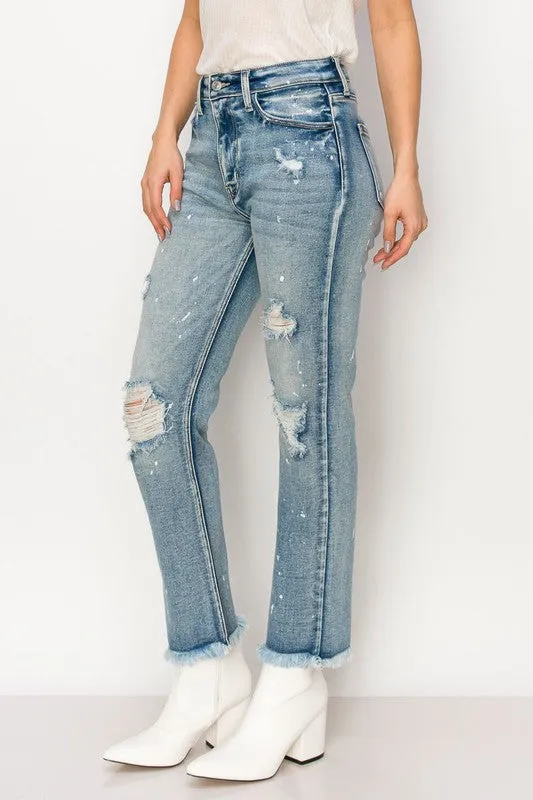 HIGH RISE DISTRESSED STRAIGHT WITH FRAY HEM JEANS