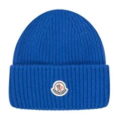 Moncler Cashmere Blend Classic Logo Beanie Blue