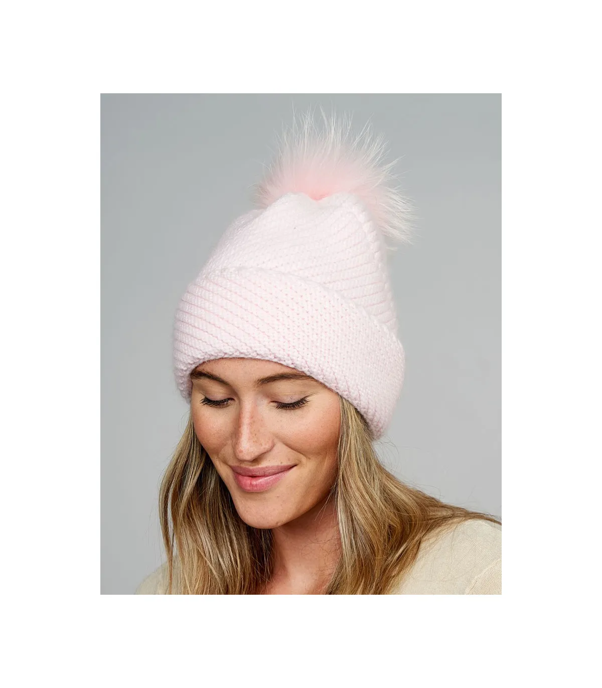 Queen Knit Cashmere Beanie Hat with Finn Raccoon Pom Pom in Light Pink: F