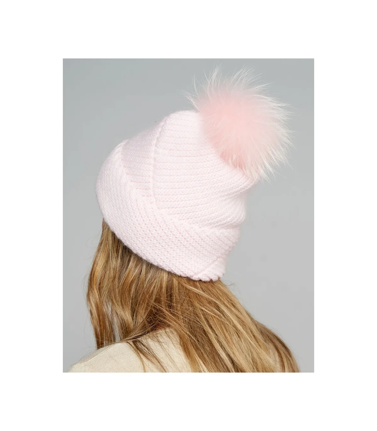 Queen Knit Cashmere Beanie Hat with Finn Raccoon Pom Pom in Light Pink: F