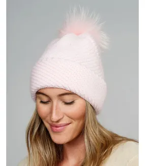 Queen Knit Cashmere Beanie Hat with Finn Raccoon Pom Pom in Light Pink: F