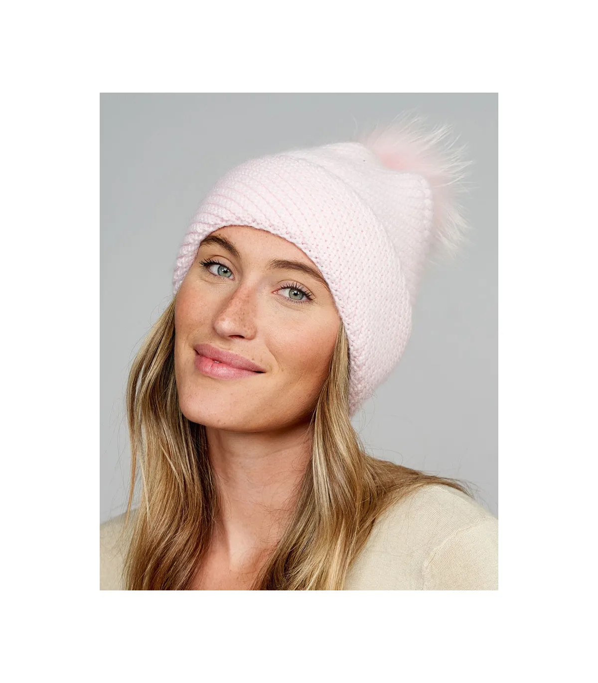 Queen Knit Cashmere Beanie Hat with Finn Raccoon Pom Pom in Light Pink: F