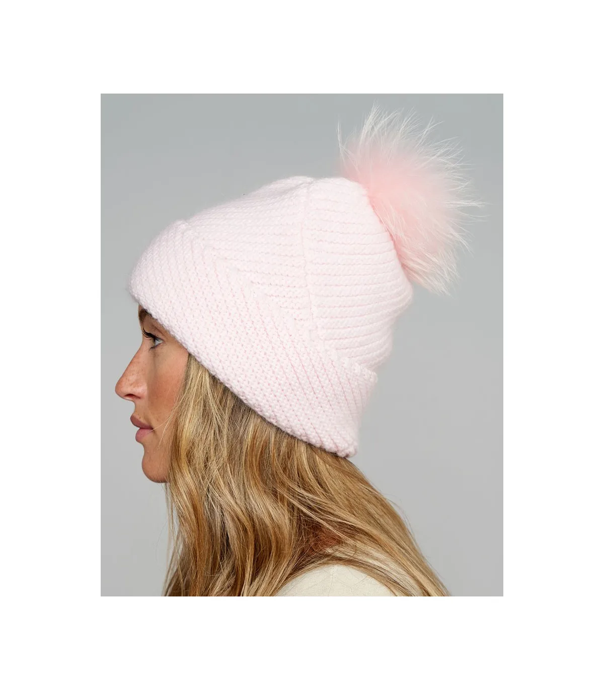 Queen Knit Cashmere Beanie Hat with Finn Raccoon Pom Pom in Light Pink: F