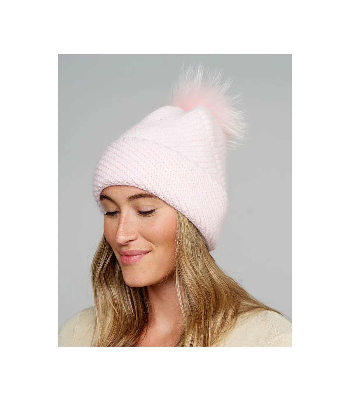 Queen Knit Cashmere Beanie Hat with Finn Raccoon Pom Pom in Light Pink: F