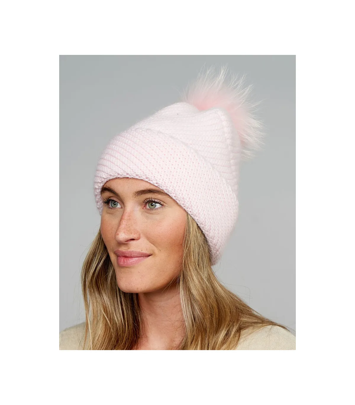 Queen Knit Cashmere Beanie Hat with Finn Raccoon Pom Pom in Light Pink: F