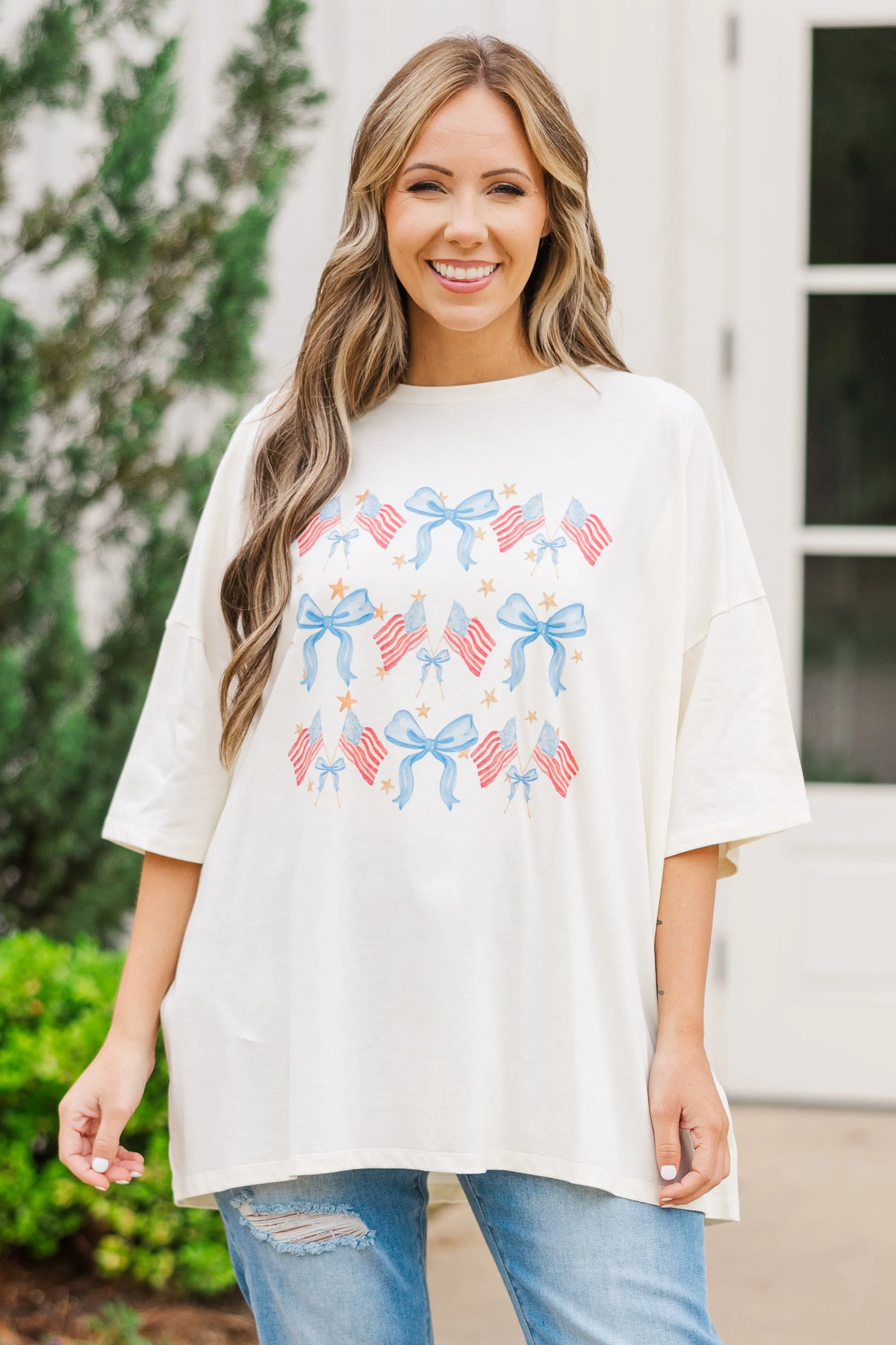 Red, White & Bows Boyfriend Tee, Ivory