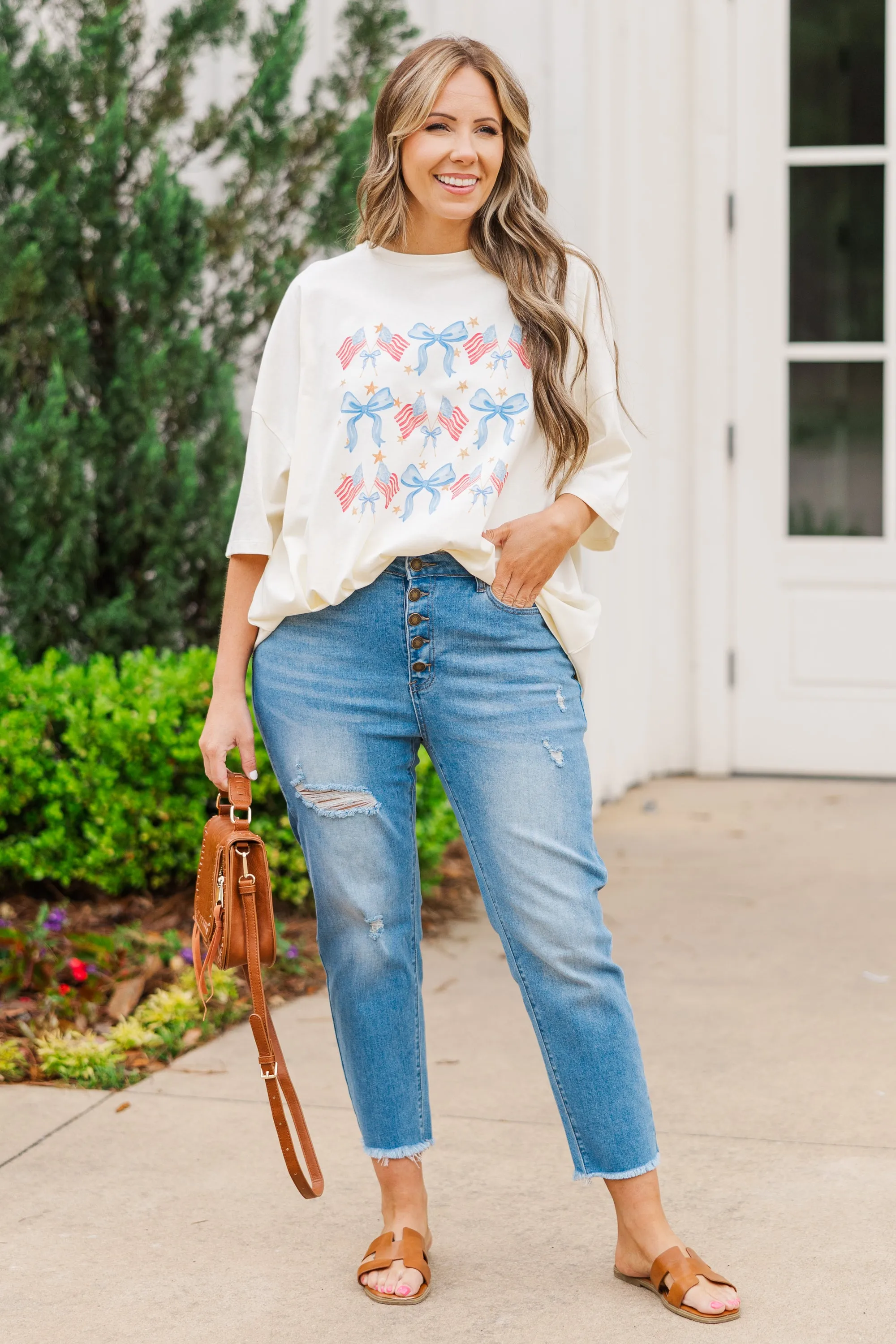 Red, White & Bows Boyfriend Tee, Ivory