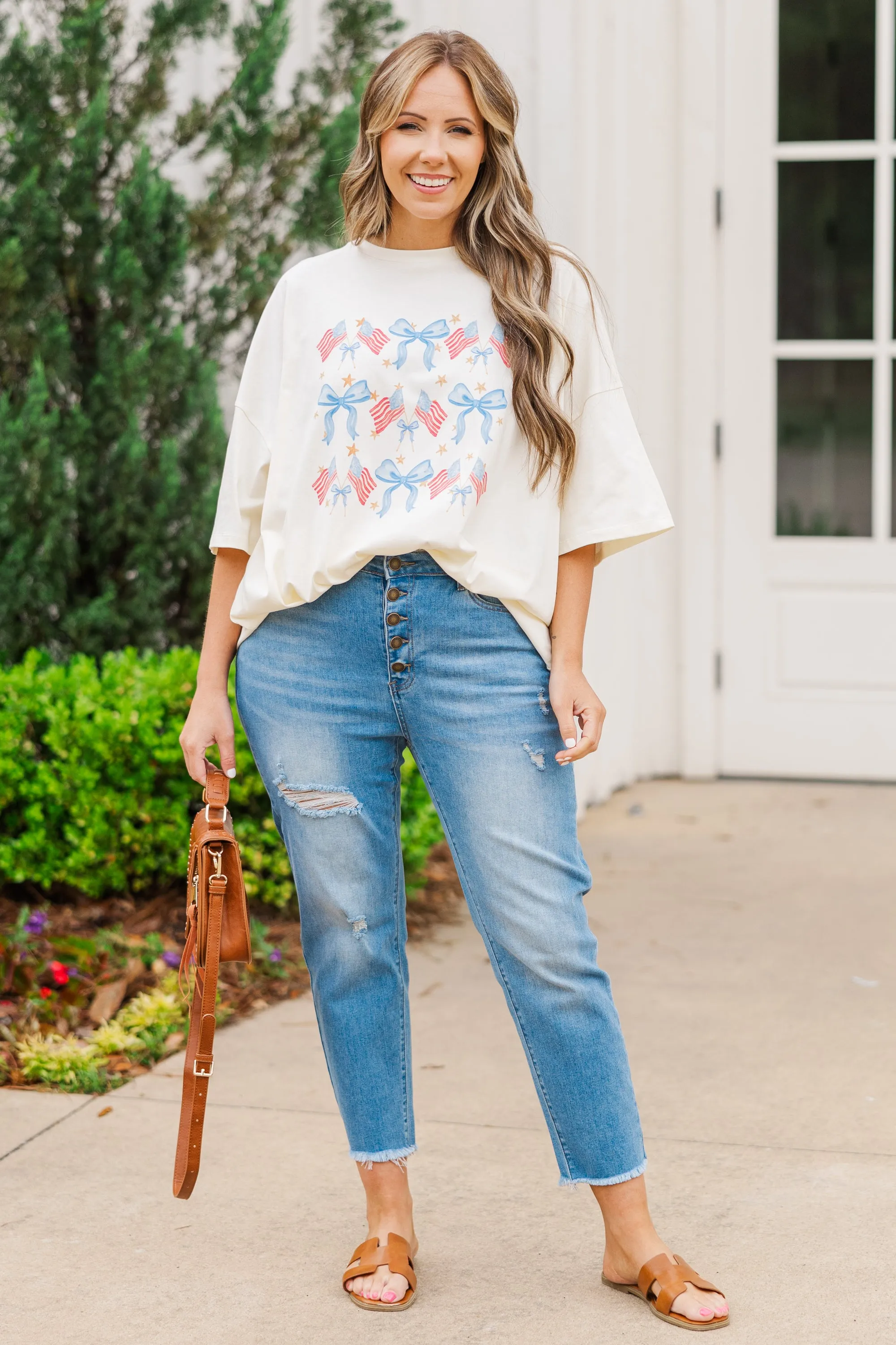 Red, White & Bows Boyfriend Tee, Ivory