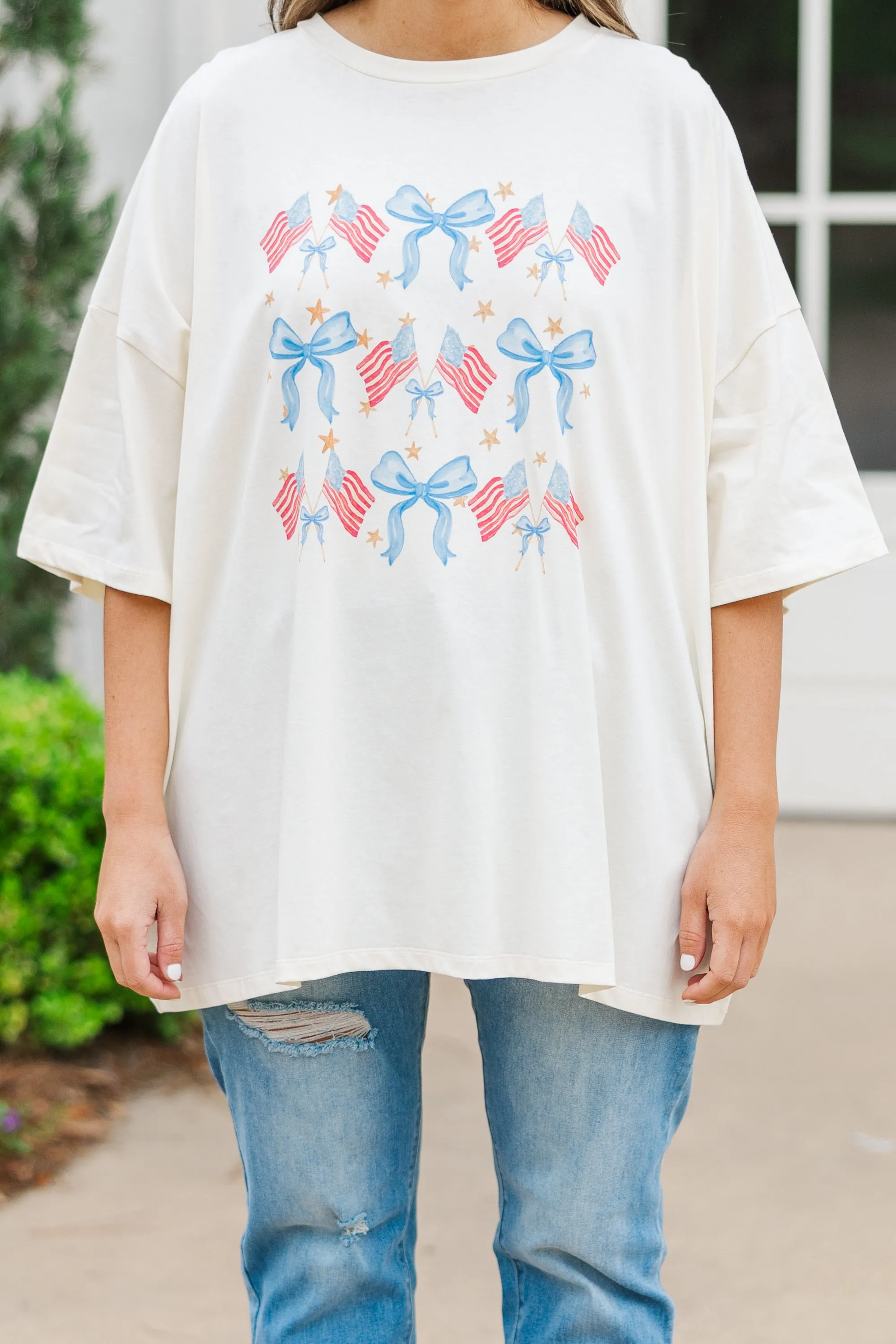 Red, White & Bows Boyfriend Tee, Ivory