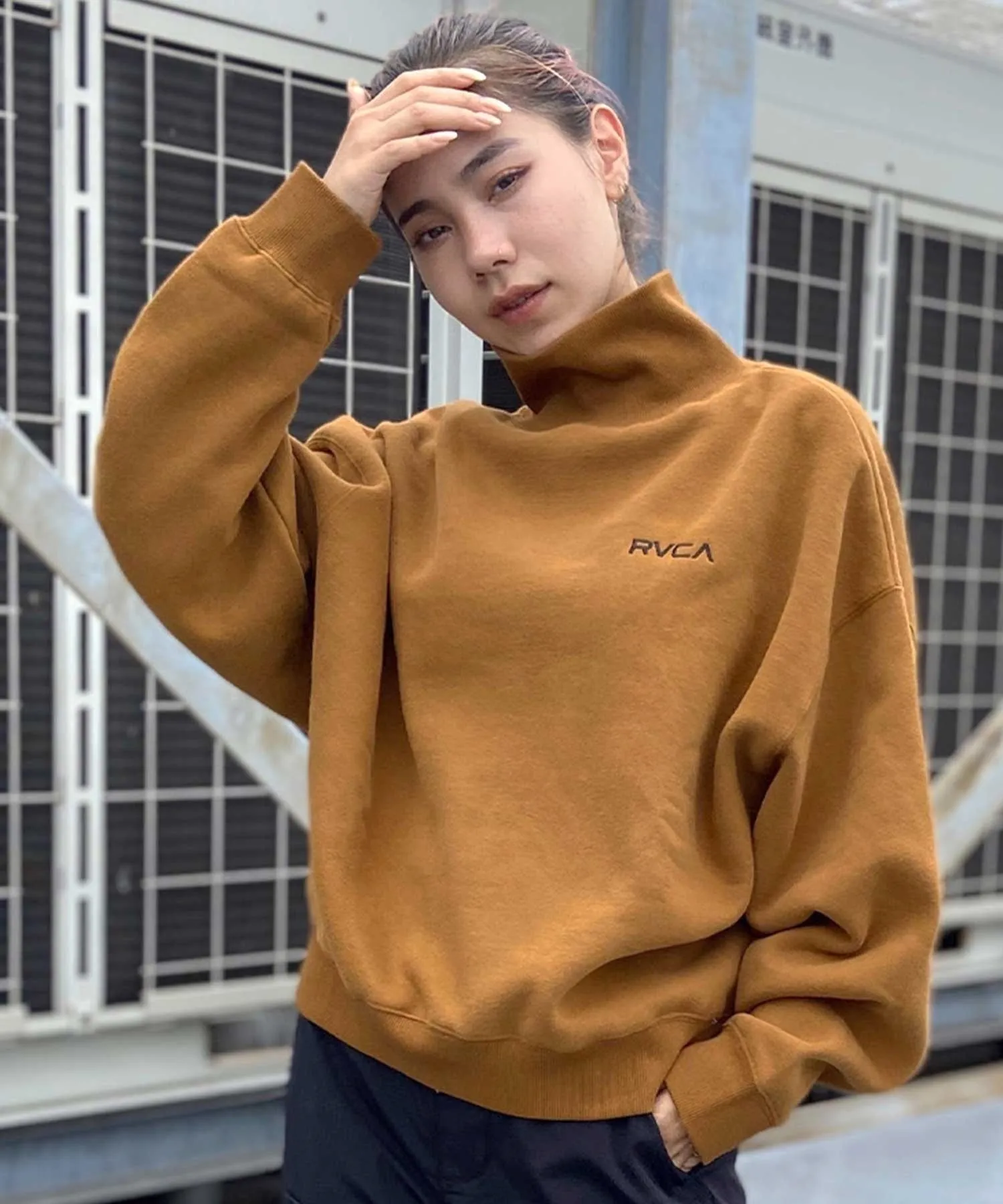 RVCA  |Street Style Long Sleeves Cotton High-Neck Oversized Logo