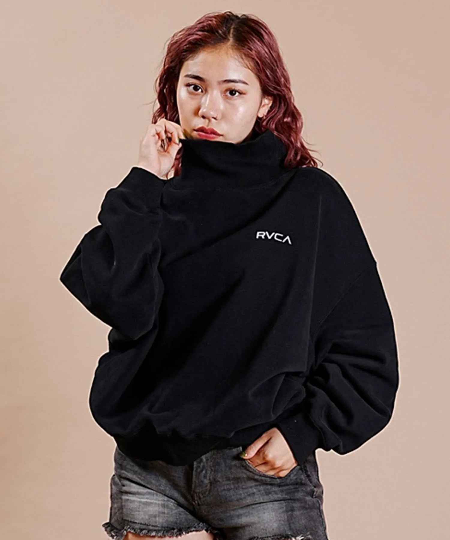 RVCA  |Street Style Long Sleeves Cotton High-Neck Oversized Logo