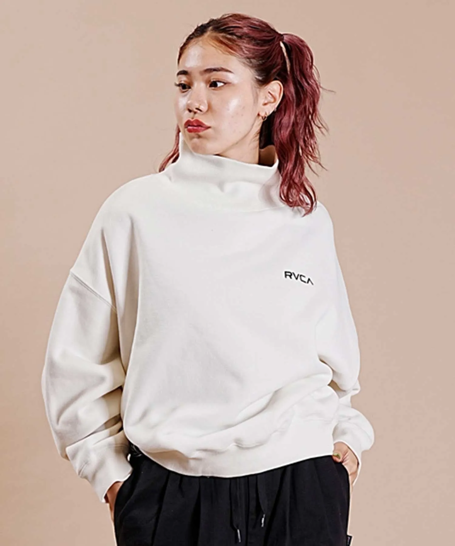 RVCA  |Street Style Long Sleeves Cotton High-Neck Oversized Logo