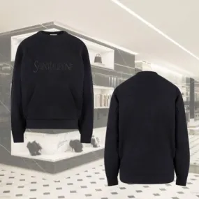 Saint Laurent  |Street Style U-Neck Long Sleeves Plain Cotton Logo