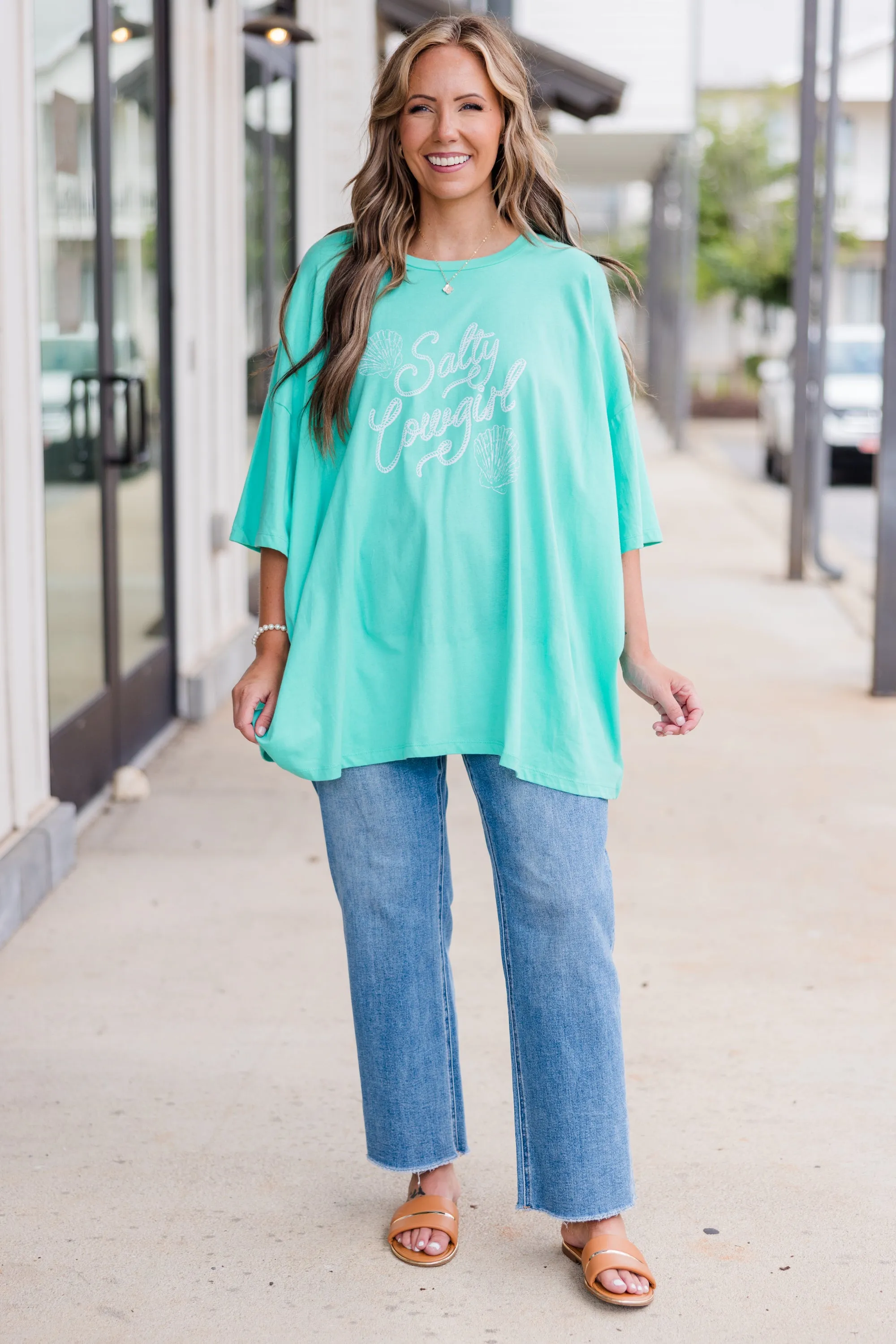 Salty Cowgirl Boyfriend Tee, Mint