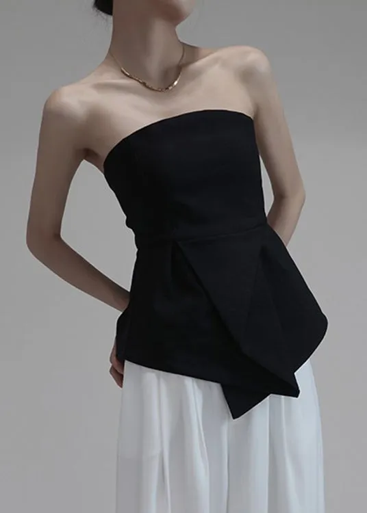 Slim Fit Black Asymmetrical Cold Shoulder Cotton Chest Wrapping Top Sleeveless AB1038