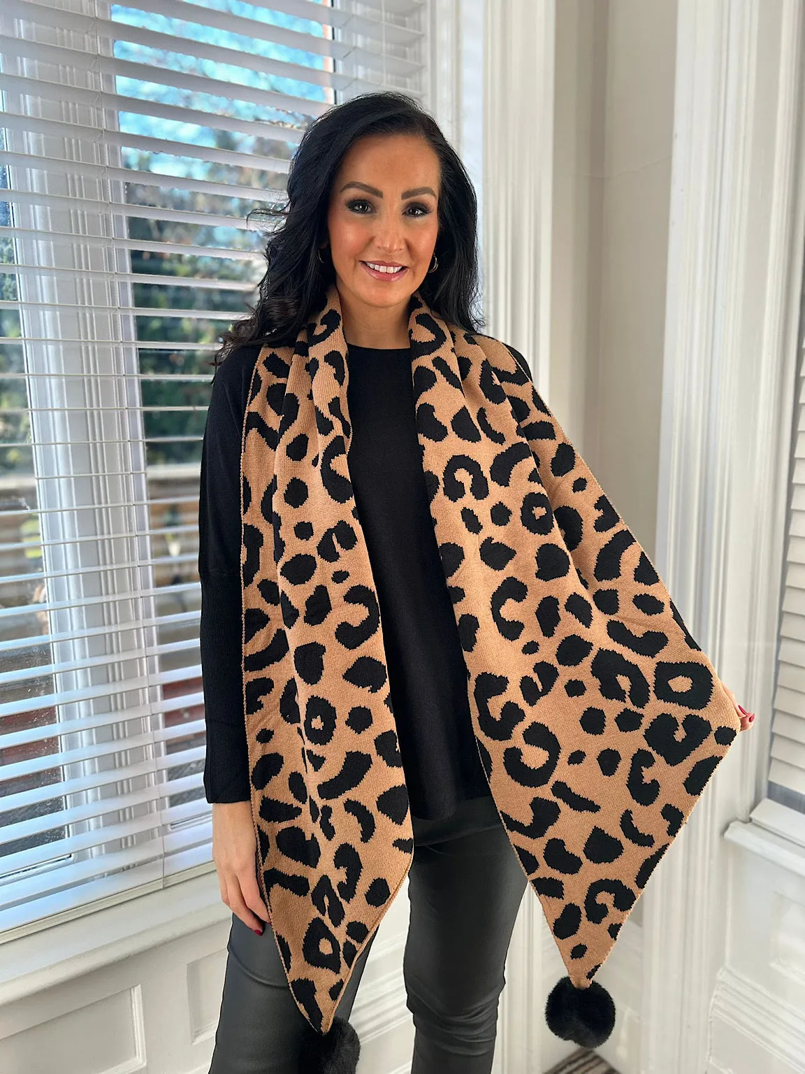 Tan Leopard PomPom Scarf