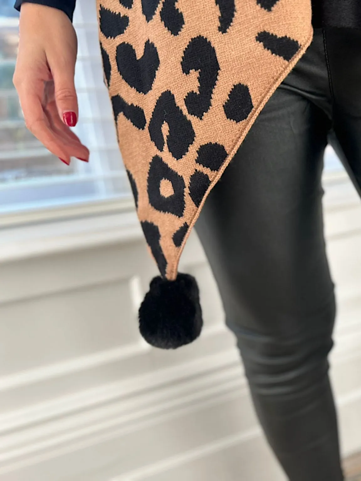 Tan Leopard PomPom Scarf