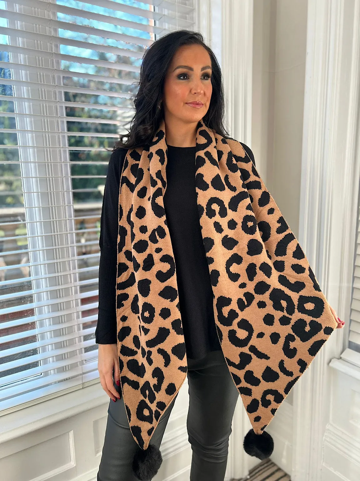 Tan Leopard PomPom Scarf