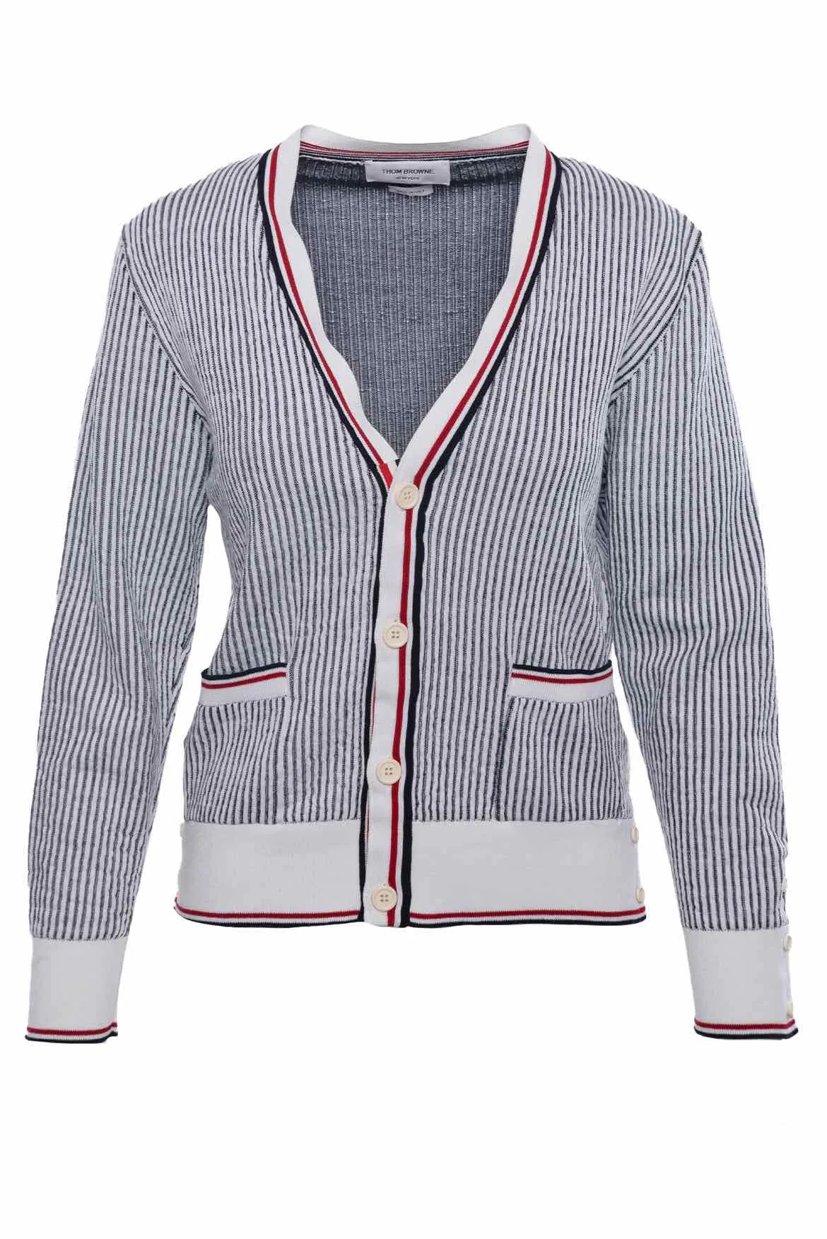 Thom Browne Size 2 Seersucker Jacquard Button-Front Cardigan