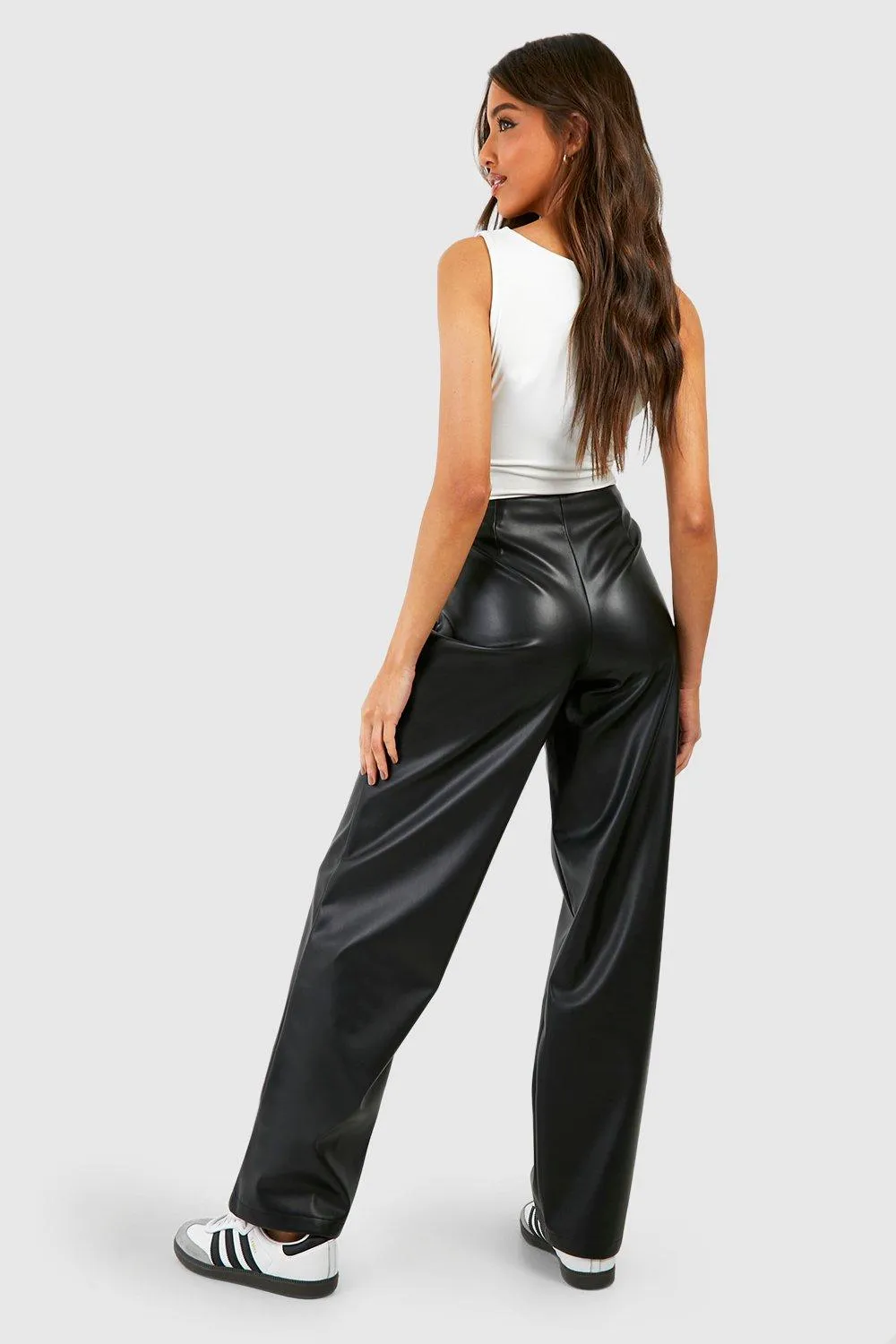 Trousers | Leather Look Low Rise Flared Trousers | boohoo