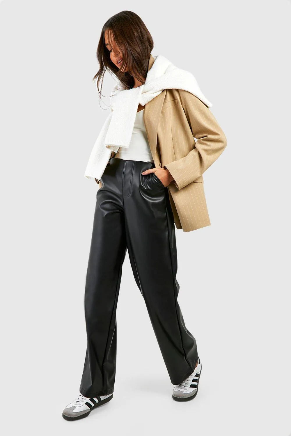 Trousers | Leather Look Low Rise Flared Trousers | boohoo