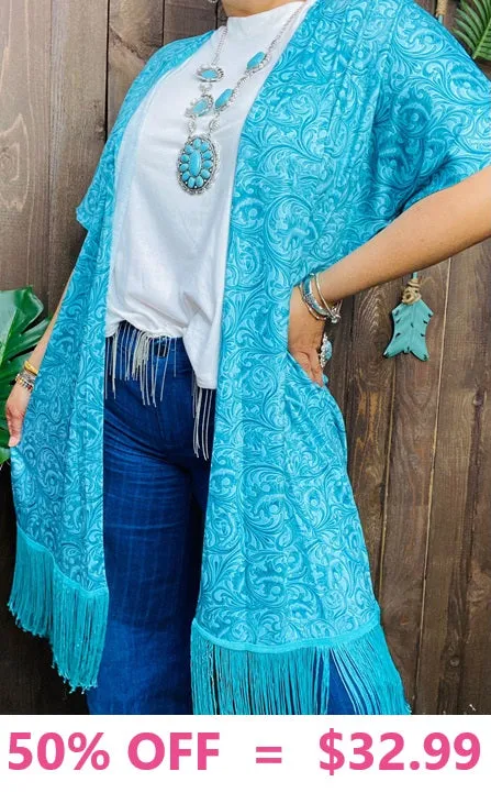 Turquoise tooled leather design print fringe cardigan