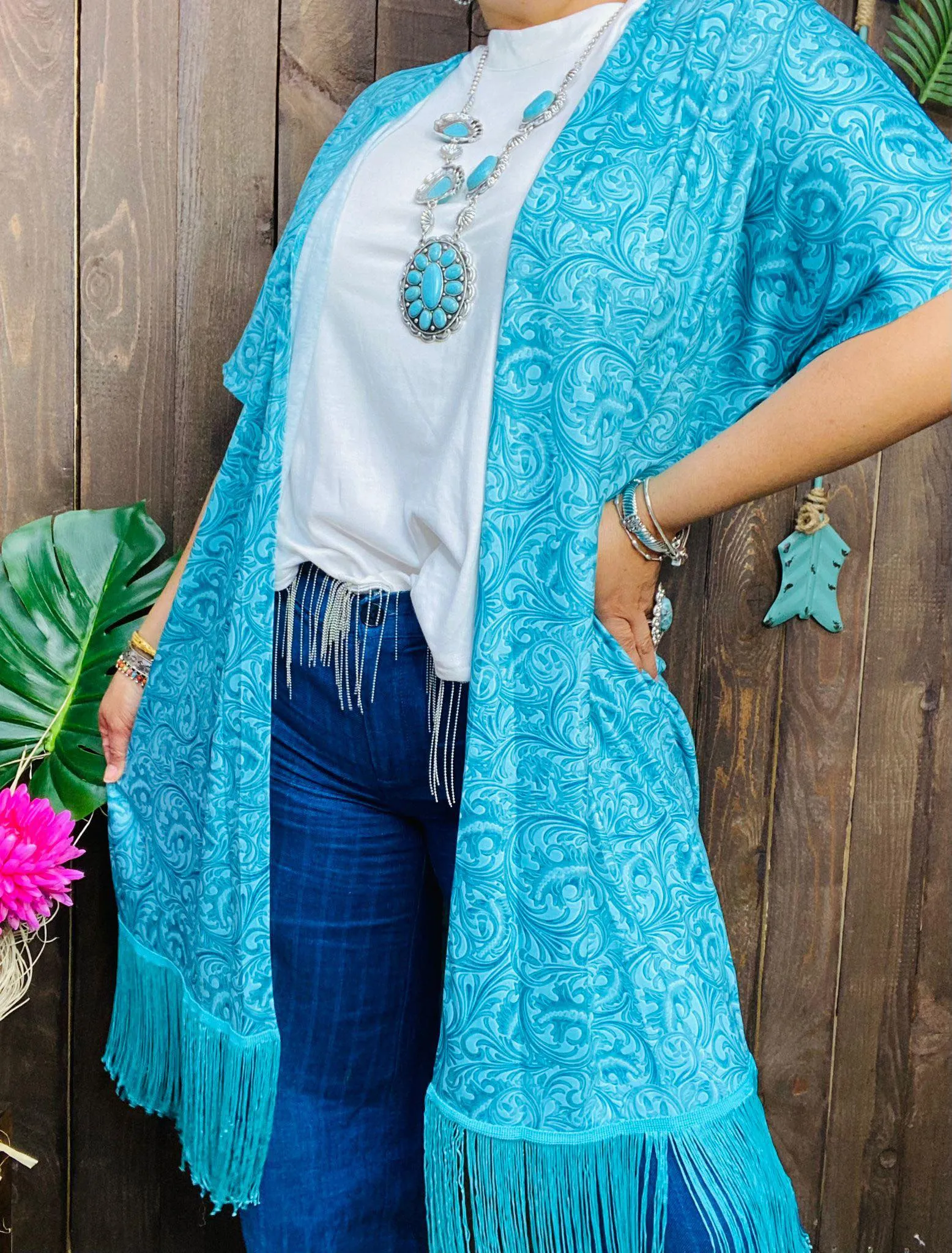 Turquoise tooled leather design print fringe cardigan