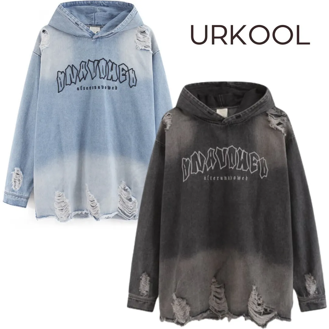 URKOOL  |Unisex Denim Street Style Bi-color Long Sleeves Plain Cotton